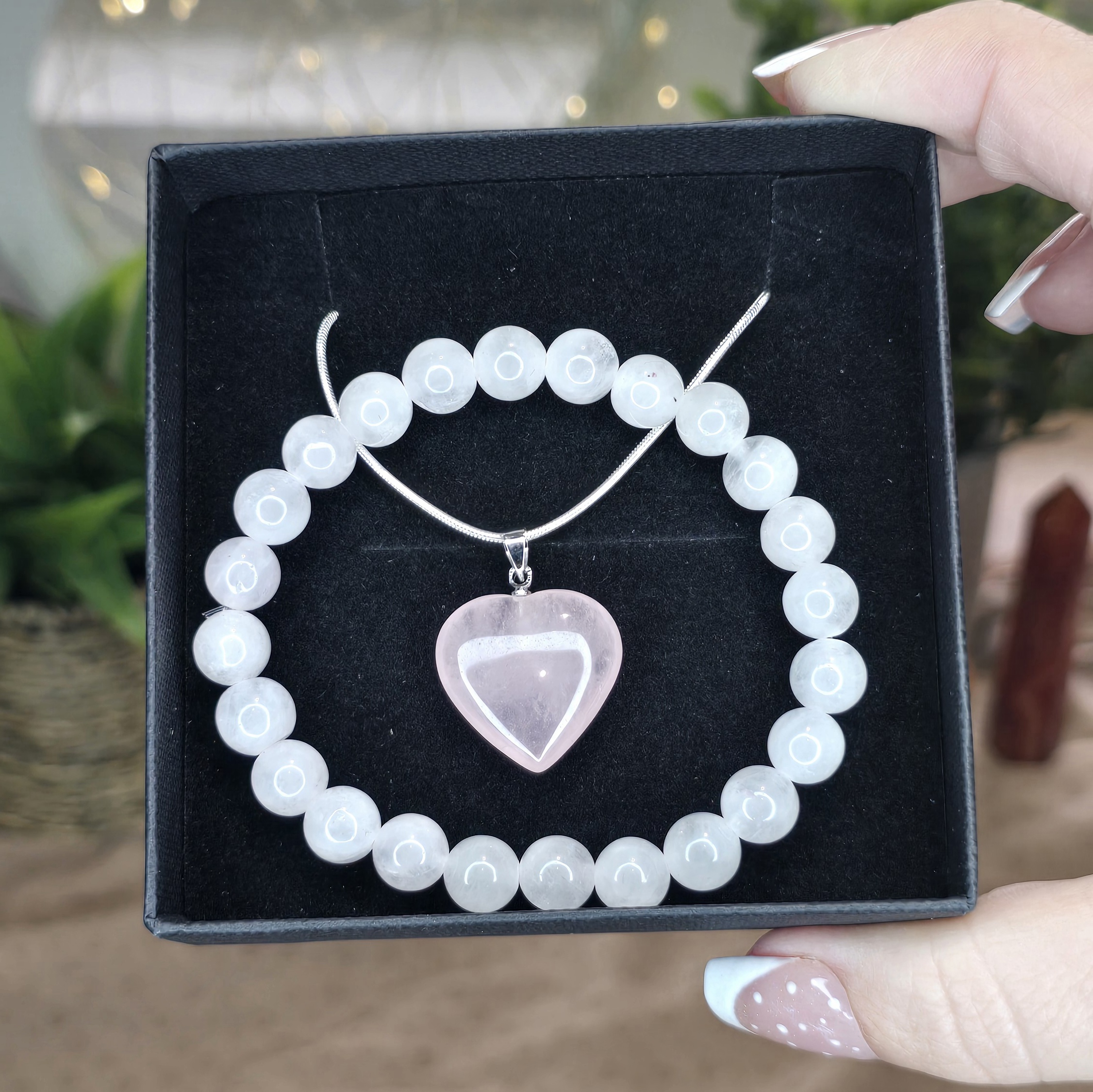 Rose Quartz Gift Set | Crystal Bracelet & Heart Necklace