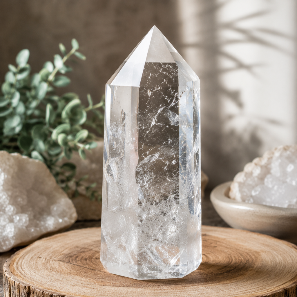Large polished clear quartz crystal point