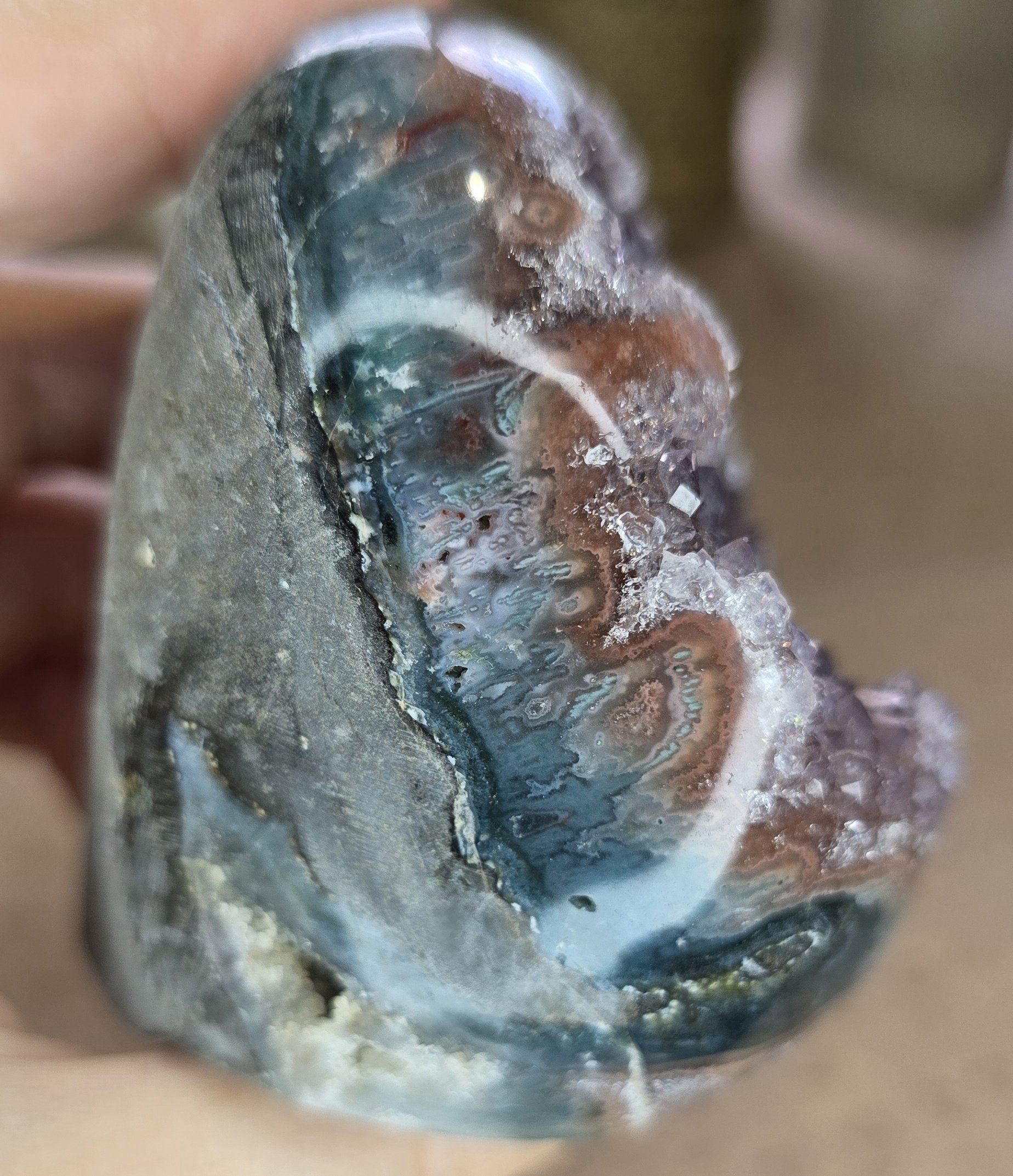 Sugar Amethyst Druzy Freeform with Teal Agate Banding – 265g - Image 2